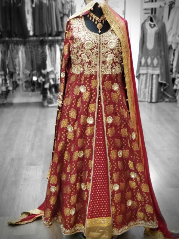 Red Red Banarsi Gown Double layered