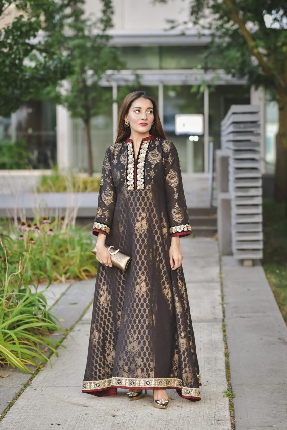 Black Anarkali Jacquard Long Dress - Libas Collection