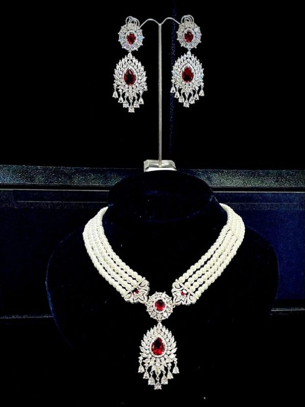 Pearl with Red Gemstone Necklace Set - #NS4
