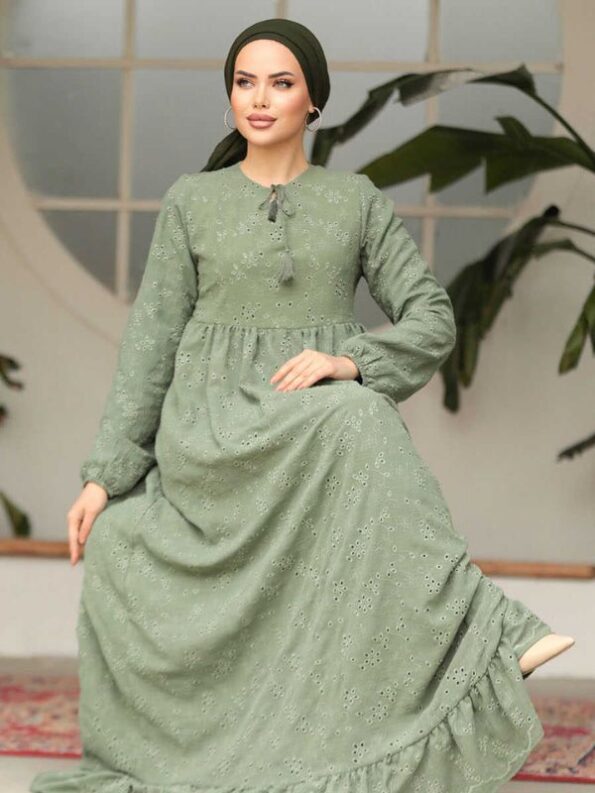Quzey Schiffli Dress - Olive Green