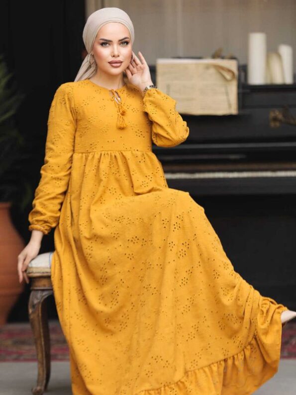 Quzey Schiffli Dress - Mustard